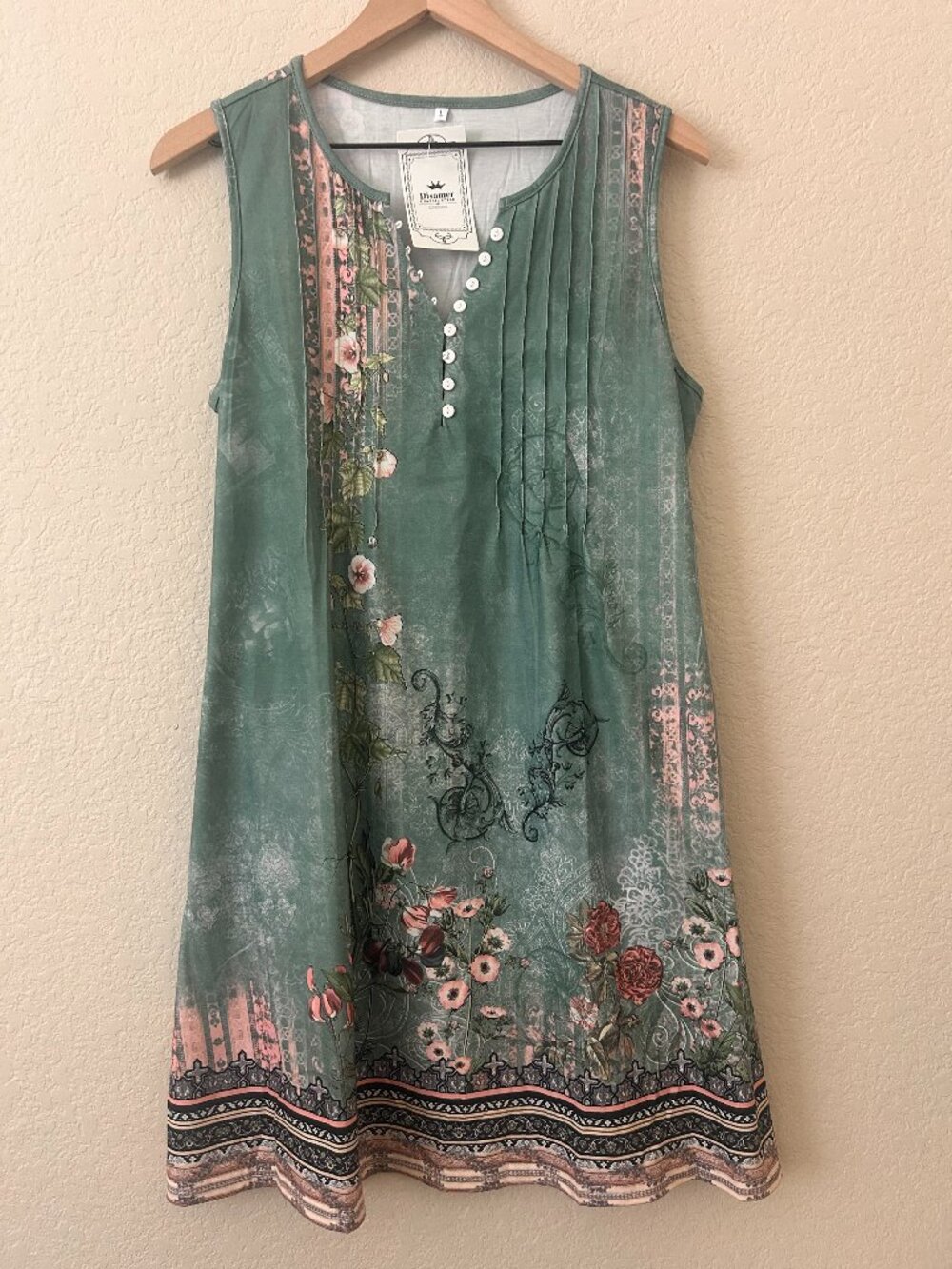 Sleeveless Summer Tank Dress Green Floral Print Button with Pockets Size L New